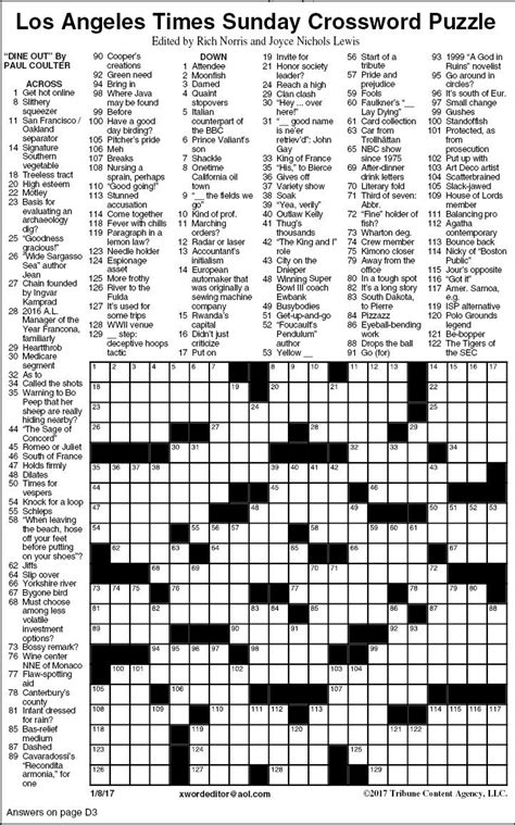 Crossword latimes - About LA Times Sunday Crossword. One of the most entertaining puzzles around, the Los Angeles Times Sunday Crossword Puzzle offers a broad range of vocabulary and cultural clues, along with a sprinkling of humor and wordplay. The LA Times Sunday Crossword is available on the Chicago Tribune. (Level of Difficulty: 4 on a scale of 1-5).